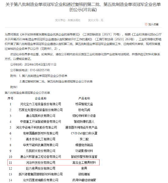 喜报！河冶科技股份有限公司被认定为工信部第八批制造业单项冠军企业